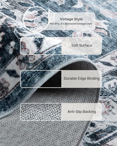 Amada Large 10x12 Washable Area Rug for Living Room, Blue, Vintage Pattern - Image 5