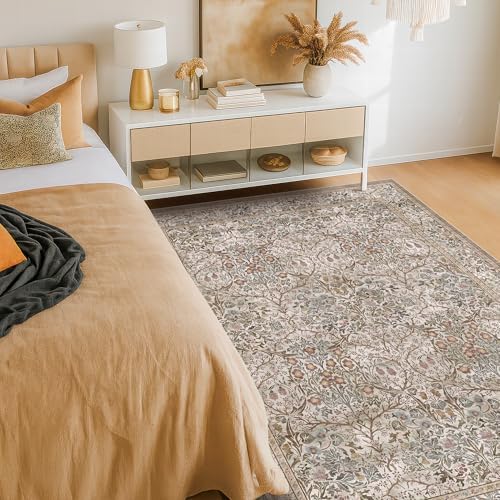 5x7 Washable Moss Green Oriental Area Rug for Living Room - Dining Room Rugs for Under Table, Home Office, Low Pile Non-Slip Floor Carpet for Bedroom - Vintage Brown Design & Stain Resistance Carpet - Image 3