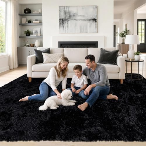 9x12 Area Rugs for Living Room: Fluffy Shag Soft Washable Rug Large Fuzzy Plush Indoor Carpet for Bedroom Nursery Playroom Kids Girls Boys Room (Black, 9'x12') - Image 3