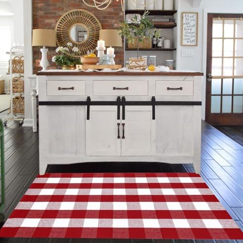 Christmas Door Mat Outdoor 35.4''x59'' Buffalo Plaid Christmas Decor Rug Cotton Hand-Woven Layered Door Mats Washable Carpet for Front Porch, Kitchen, Farmhouse, Entryway - Image 4
