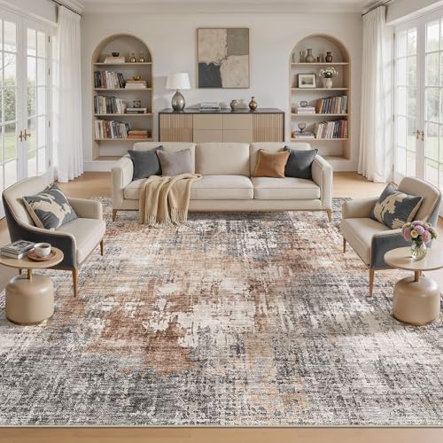 DMOYEST Square Area Rug Living Room Rugs - 12x12 Washable Extra Large Soft Indoor Neutral Modern Abstract Low Pile Rug Carpet for Bedroom Dining Room Farmhouse Home Office - Grey Brown by DMOYEST