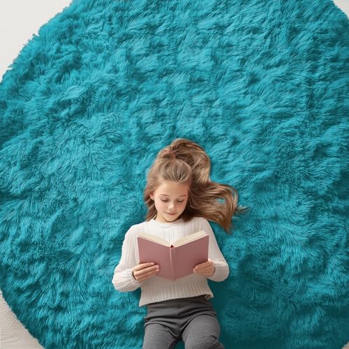 OLANLY Teal Round Rugs for Bedroom - Machine Washable, 7 ft Circle Area Rugs for Living Room, Soft and Fluffy Shaggy Carpet for Teen Girl and Boys, Nursery Rooms, Dorms, Home Decor Aesthetic by OLANLY