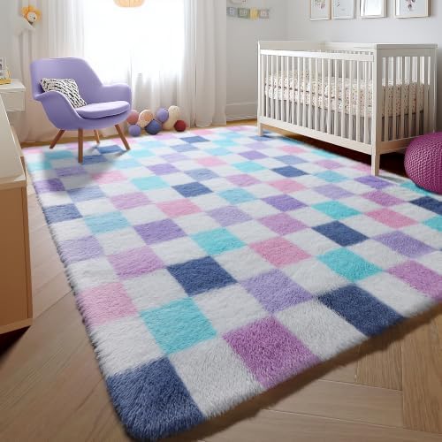 KICMOR Purple Rainbow Checkered 5x7 Area Rugs for Living Room, Colorful Fluffy Soft Fuzzy Shag Shaggy Bedroom Carpet, Cute Indoor Furry Plush Rug for Kids Girls Dorm Nursery Home Decor Aesthetic - Image 5