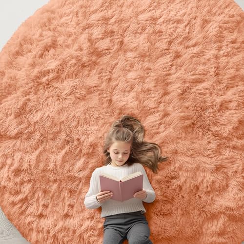 OLANLY Muted Orange Round Rugs for Bedroom - Machine Washable, 9 ft Circle Area Rugs for Living Room, Soft and Fluffy Shaggy Carpet for Teen Girl and Boys, Nursery Rooms, Dorms, Home Decor Aesthetic by OLANLY