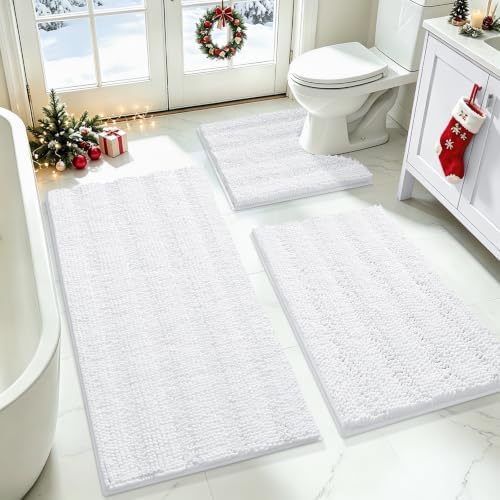 ACCUMTEK Striped White Bathroom Rug Set 3 Pieces Ultra Soft, Non Slip Chenille Toilet Mat, Absorbent Plush Shaggy Bath Mats for Bathroom, Bedroom, Kitchen, Ivory by ACCUMTEK