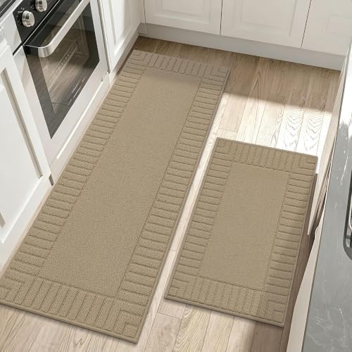 BEQHAUSE Kitchen Rugs Non Slip Washable 2PCS, 24"x35"+24"x60", Taupe by BEQHAUSE