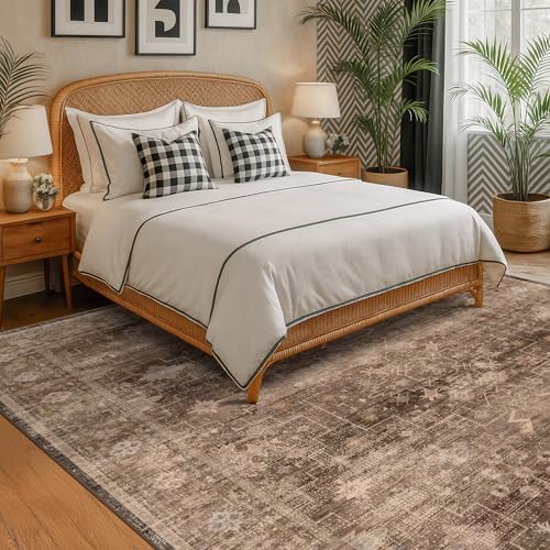 Hazo Haus Taupe Brown Living Room Rug 6x9 - Vintage Traditional Eclectic Unique Neutral, Washable Low Pile Non-Slip Large Area Rugs for Dining Under Table Bedroom Lounge - Image 3