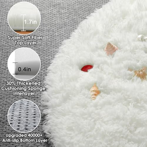 Cream White Fluffy Round Rug Circle Area Rugs 4ft for Kids Teen Bedroom - Image 2