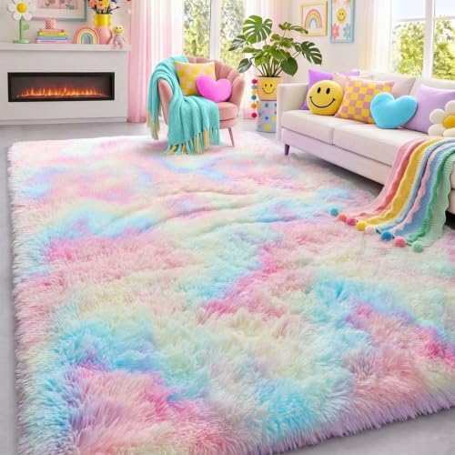 Fluffy Large Rainbow Carpets 6x9, Plush Soft Shaggy Rugs for Bedroom Girls by PAGISOFE