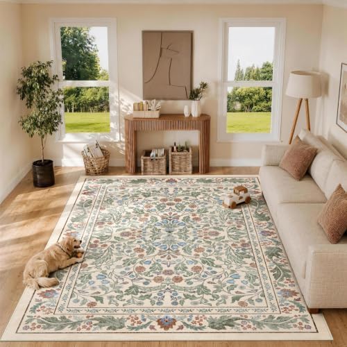 Floral 8x10 Area Rugs for Living Room, Machine Washable Vintage Rug Boho Low Pile Carpets Non Slip Soft Carpet for Farmhouse Bedroom Office Rugs, Kids Room, Nursery Room, Playroom, Beige - Image 4