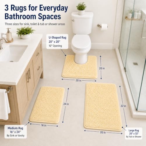 Bathroom Rugs 3 piece Bath Rugs Sets 3 Piece, Extra Soft and Absorbent Shaggy Bathroom Mat Rugs, Machine Washable, Non-Slip Plush Carpet Butter Yellow - Image 2