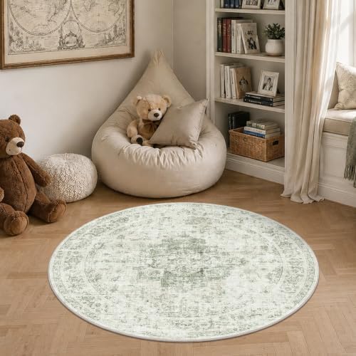 4ft Round Washable Office Rug Non-Slip Medallion Green Throw Carpet - Image 3