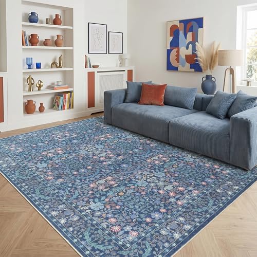 Blue Floral Living Room Rug 5x7 Area Rug - Vintage Forest Washable Rug for Dining Room, Bedroom, Ultra Soft Low Pile Non Slip Stain Resistance Distressed Boho Farmhouse Flower Carpet by SparkleGaze