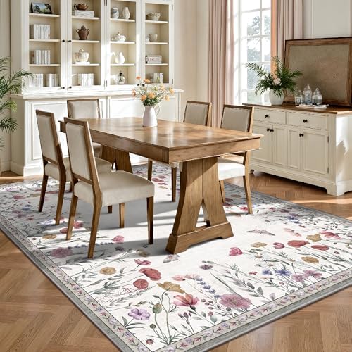 5x7 Area Rugs, Rugs for Bedroom, Indoor Non-Slip Washable Rug for Living Room, Dining Room, Low Pile Home Decor Floral Rug(Classic Beige) - Image 5