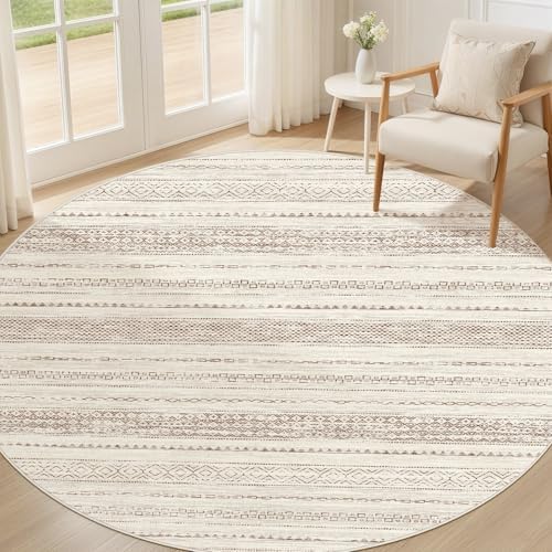 Nakagishi Round Rug Boho Area Rugs: 4x4 Washable Large Circle Neutral Soft Stain Resistant Non-Slip Carpet for Women Aged 25-45 Farmhouse Decor Enthusiasts - Living Room Bedroom Dining Room Nursery by NakagishiAreaRug