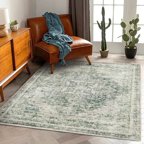 CHAMPLANT Washable Area Rug 3'x5' Vintage Traditional Floor Cover Foldable Thin Rugs Retro Kitchen Indoor Distressed Non Slip Carpet Floral Print Mat Bedroom Living Room by CHAMPLANT
