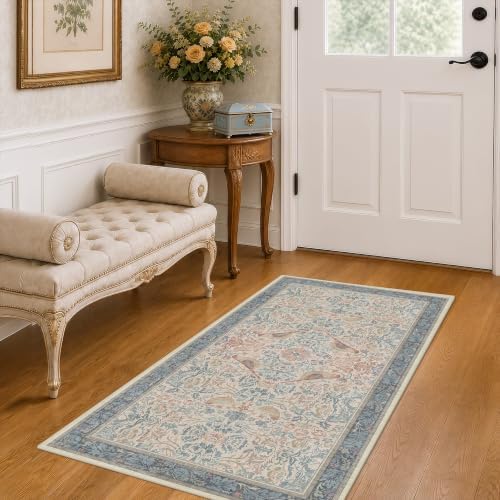 Vintage Boho 2x4 Area Rug for Entryway - Washable Blush Red Slate Blue Kitchen Rug for the Floor, Low Pile Non-Slip Rugs for Bathroom, Floral Bird Pattern Decor & Stain Resistance - Image 3