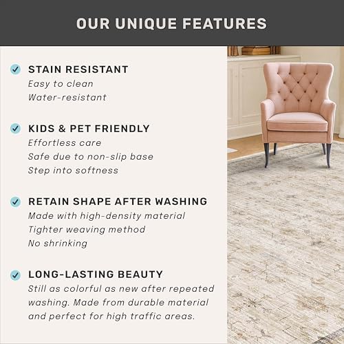 2x6 Long Beige Farmhouse Kitchen Runner Rug Washable Non Slip Carpet for Bathroom, Entryway, Soft Low Pile Floral Vintage Rugs for Bedroom, Bedside, Hallway - Image 5