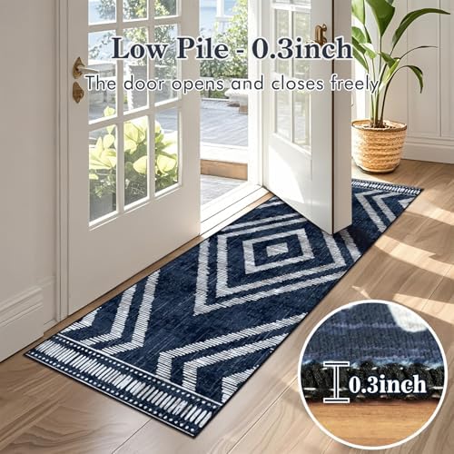 Boho Runner Rugs for Hallway 2x6ft Non Slip, Navy Blue Washable Kitchen Rug Runner, Soft Moroccan Low Pile Geometric Farmhouse Laundry Floor Carpet for Entryway Bedroom Bathroom - Image 2