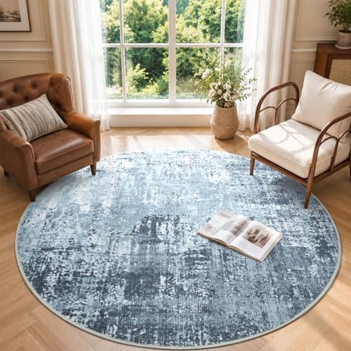 6ft Round Abstract Washable Area Rug for Living Room Blue - Image 2