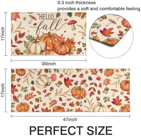 Fall Kitchen Rugs Set of 2,Fall Entrance Door Mats Pumpkin Mushroom Non Slip Kitchen Rug,Washable Anti Fatigue Mat,Kitchen Floor Washable Runner Rug, Autumn Thanksgiving Kitchen Laundry 17x30+17x47In - Image 3