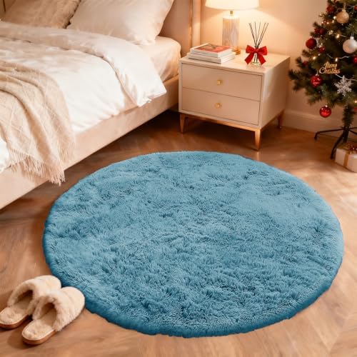 OLANLY Slate Blue Round Rugs for Bedroom - Machine Washable, 5 ft Circle Area Rugs for Living Room, Soft and Fluffy Shaggy Carpet for Teen Girl and Boys, Nursery Rooms, Dorms, Home Decor Aesthetic - Image 5