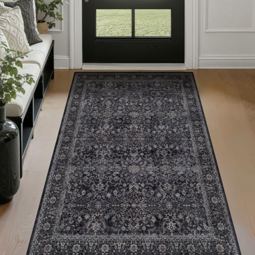 Vintage Dark 3x5 Entryway Rug Indoor Foyer, Earth Tone Farmhouse Throw Rug for Kitchen Bathroom, Machine Washable Non Slip Thin Area Rug for Nursery/Bedroom Bedside/Home Office/Dorm, Midnight by Jainmy
