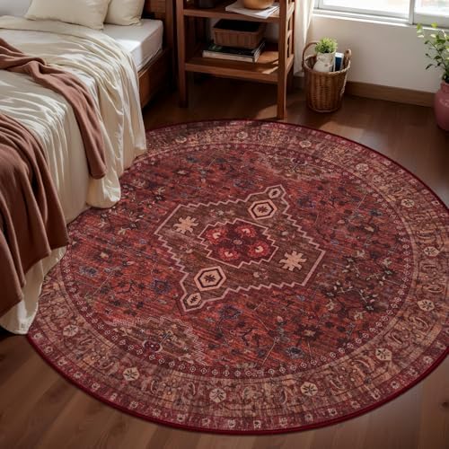 Tangsoo Red Round Washable Rugs 4ft, Oriental Non Slip Small Circle Rug - Image 3