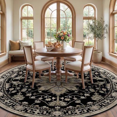 RELEANY Washable Area Rug, Round 8ft, Black/Neutral - Image 2