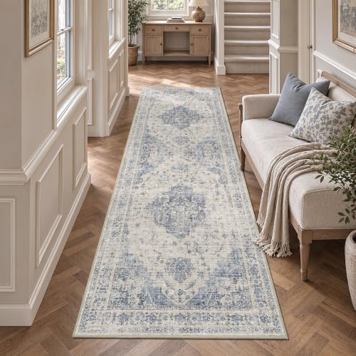 Washable 2.6x8 Kitchen Runner Rug Non-Slip Medallion Blue Long Carpet - Image 4