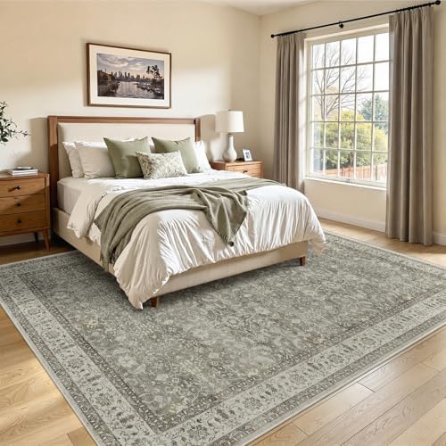 Living Room Rug 8x10 Neutral Gray, Washable Non Slip Carpet for Dining Room Low Pile Thin, Transitional Modern Faromhouse Print Area Rugs for Bedroom Home Office Playroom, Gray/Beige/Olive - Image 3