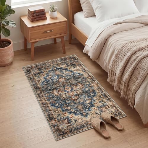 GarveeHome Washable Rug 2x3 Vintage Small Entryway Rugs Blue&Brown - Image 2