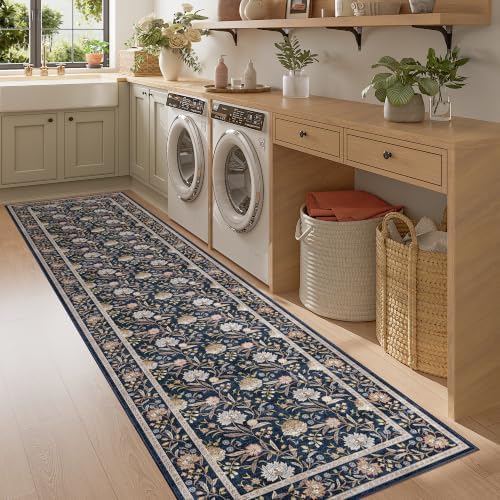 DUKINO 2x10 Runner Rug for Hallway, Washable Vintage Floral Rug, Navy Blue - Image 2