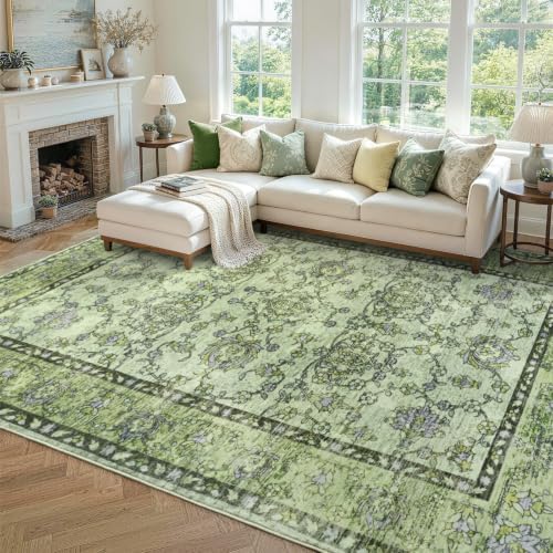 6x9 Ft Vintage Area Rugs for Living Room, Thin Soft Washable Carpet Green - Image 2
