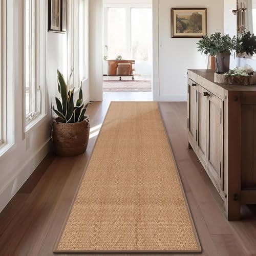 8ft Natural Jute Hallway Runner Rug Non Slip Washable, Rubber Backed Long Indoor Entryway Runner, Absorbent Kitchen Carpet Sink Rug, Camel by GOYLSER