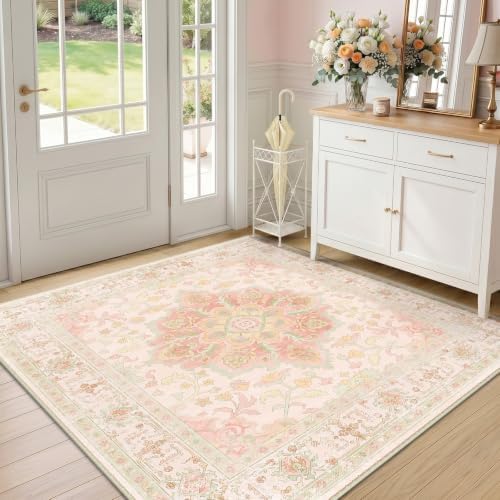 CAPALOCA Square 4ft Washable Nursery Girls Low Pile Area Rug Pink Green - Image 2