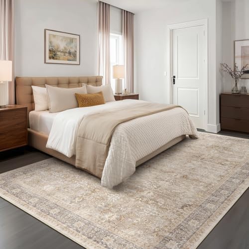 Vintage Neutral Large Area Rugs 9x12 for Living Room, Earth Tone Beige Taupe Big Room Carpet Rug for Bedroom Dining Room, Washable Rug with Rubber Backing Low Pile Thin Soft for Family Room - Image 4