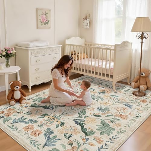 6x9 Area Rugs Boho Floral Washable Living Room Rug Neutral Carpet Nursery - Image 3