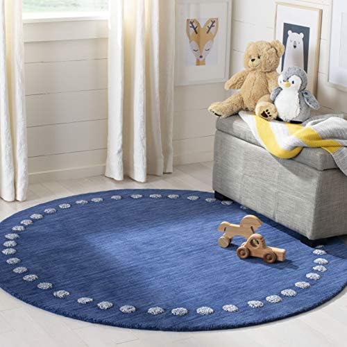 SAFAVIEH Kids Collection 5' Round Navy SFK802N Handmade Polka Dot Border Wool Area Rug by Unknown