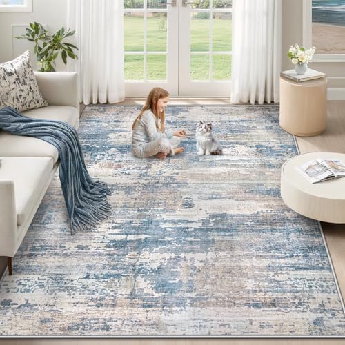 XLUEZ 5x7 Area Rugs for Living Room, Washable Modern Abstract Large Area Rug Neutral Soft Non Slip Kids Rug Stain Resistant Indoor Carpet for Bedroom Nursery Dining Room Playroom(BlueBeige, 5'x7') by XLUEZ