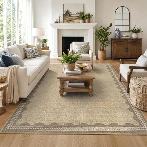 GarveeHome Washable Rugs 5x7 Rug for Living Room, Scalloped 5 x 7 Rug Solid Tan Jute Digital Printing Modern Low-Pile Carpet for Bedroom Dining Nursery Non Slip Mat with Rubber Back by GarveeHome