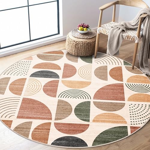 MUJOO Round Rugs 5ft,Circle Area Rug Washable Non Slip Modern Abstract Boho by MUJOO