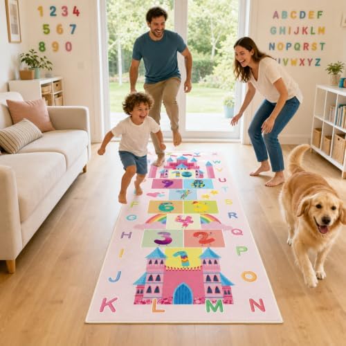 Hopscotch Kids Rug for Playroom, Colorful Educational Classroom Rugs with ABC Number, Non Slip Kids Play Mat Rug Game Carpet for Bedroom Boy Girl - Pink, 24''x72'' - Image 2