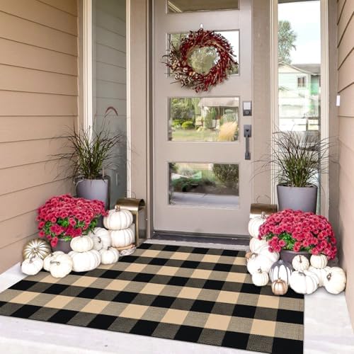 IOHOUZE 4x6 Buffalo Plaid Outdoor Rug, Washable Front Porch, Tan Black by iOhouze
