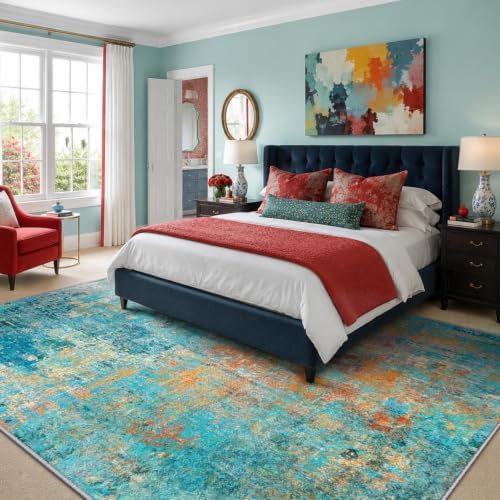 RELEANY Washable 7'x9' Abstract Area Rug for Living Room Teal Multi - Image 3