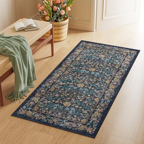 DUKINO 2x4 Rug, Washable Vintage Floral Bathroom Runner Rug, Dark Blue by DUKINO