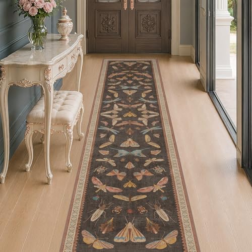 Hazo Haus 2x10 Hallway Runner Rug, Stain Resistant Non Slip Kitchen Floor Carpet for Indoor Entrance & Front Door, Orange Brown Boho Insect Moth Décor, Soft Low Pile Rug by HazoHaus