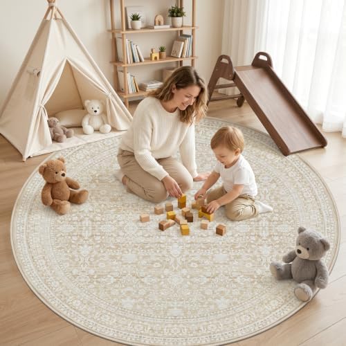 Round Area Rug Living Room: 8ft Washable Carpet Natural Beige - Image 3