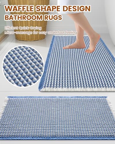 Smiry Waffle Bath Mat 47X24, Soft Absorbent Bathroom Rugs, Blue & Cream - Image 2