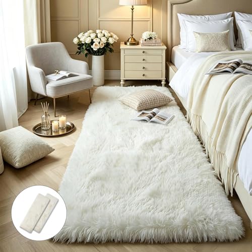 KCHOWUA Cream White Fluffy Area Rug 2x6, 2 Pcs Machine Washable Fuzzy by KICHOWUA